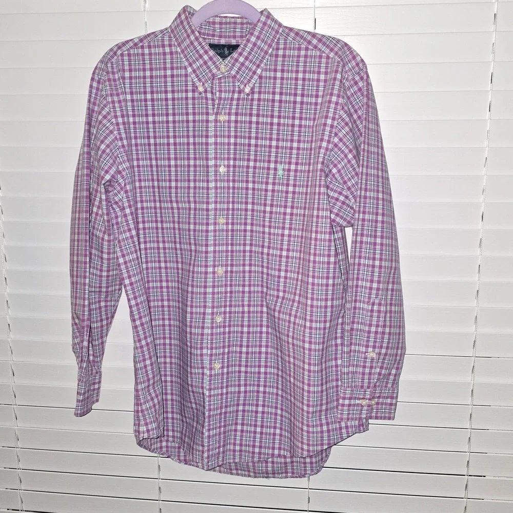 Ralph‎ Lauren Polo Mens Button Down  L/S Shirt Plaid Purple Green 16.5 32/33